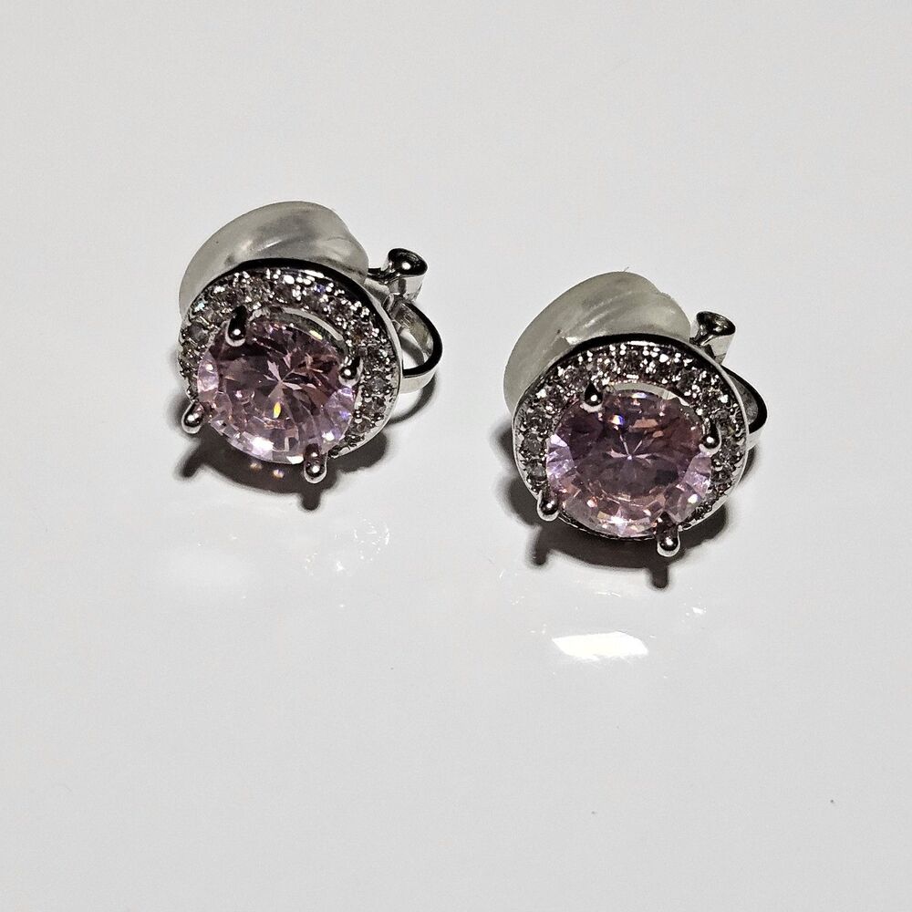 Silver Tone Circular Pink Rhinestone W Clear Accents Clip On Earrings